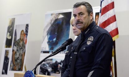 Los Angeles police chief Charlie Beck gives a briefing on the Christopher Dorner case on Feb. 7. 