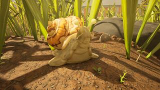 Grounded 2 how to kill snails: A snail surrounded by grass as it moves through the dirt.