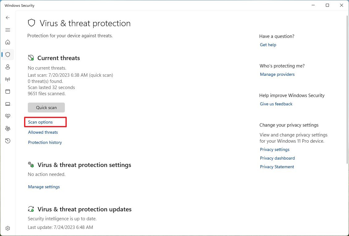 Параметры сканирования антивирусной программы Microsoft Defender