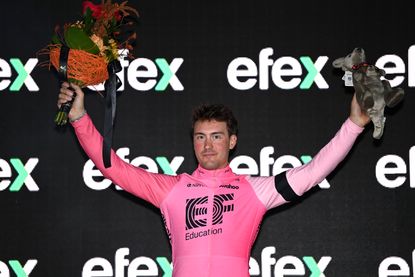 Albertio Bettiol celebrating Tour down under 2023 prologue win