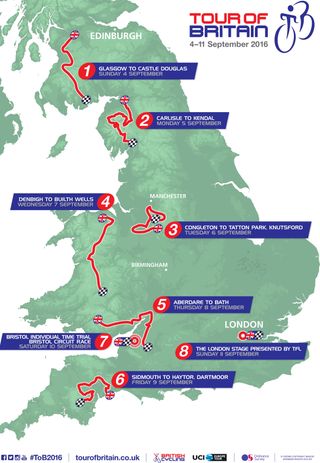 2016 Tour of Britain stage race map