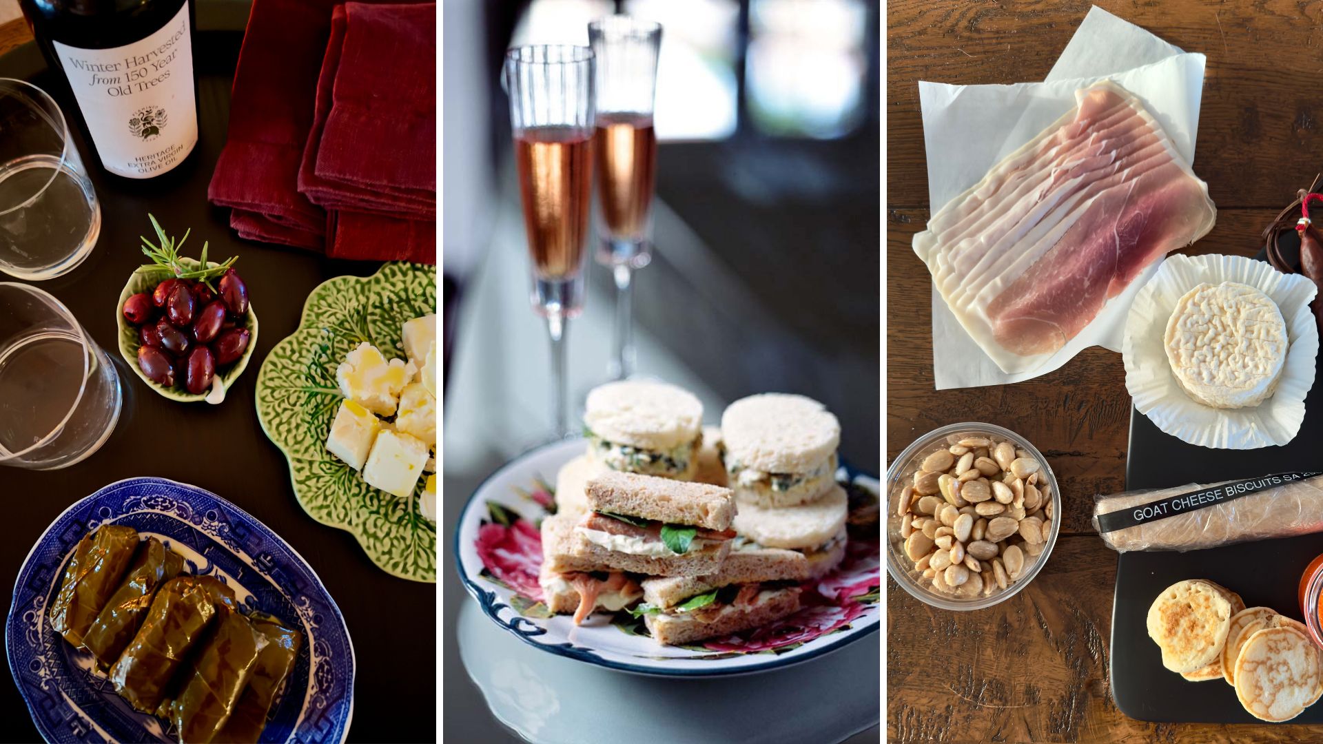 Plates of canapes and finger food with drinks