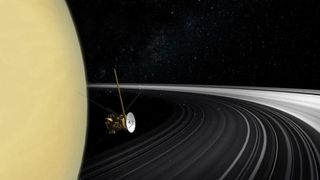 An artist's illustration of Cassini between Saturn and the planet's innermost ring.