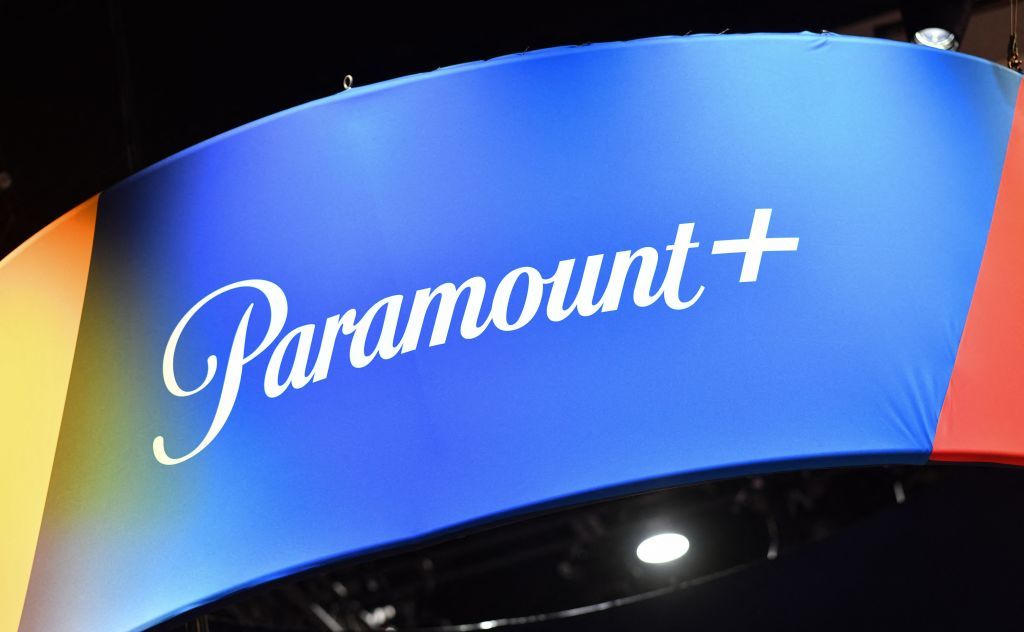 The Paramount+ logo is seen inside the convention center during San Diego Comic-Con International in San Diego, California, on July 22, 2023.