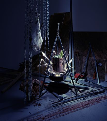 Artistic image of meat hanging intertwined with DIY tools and a chainsaw