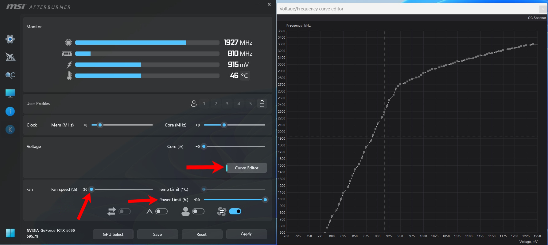 MSI afterburner with arrows pointing toward Curve editor, fan speeds and GPU power limits