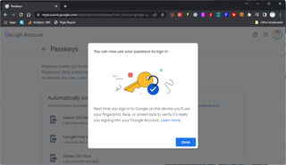 Google account passkeys completion screen