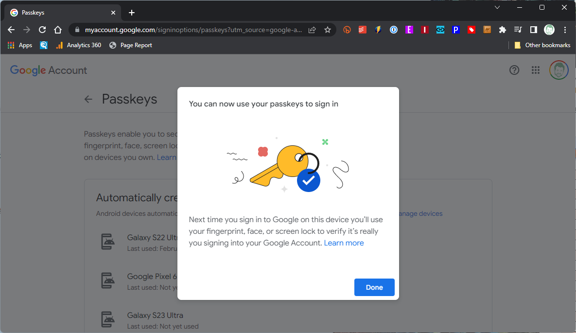 Google account passkeys completion screen