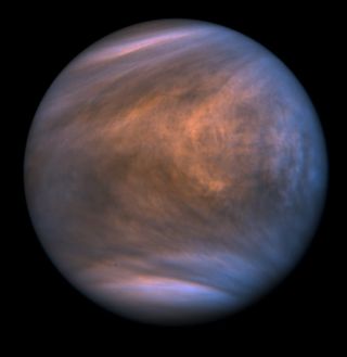 An ultraviolet view shows bands of clouds in the atmosphere of Venus.