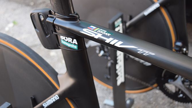 Peter Sagan's name and Slovakian flag adorns the top tube of the bike