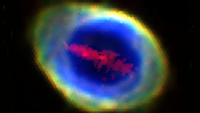 The planetary nebula known as the Ring Nebula with its central iron bar marked in red