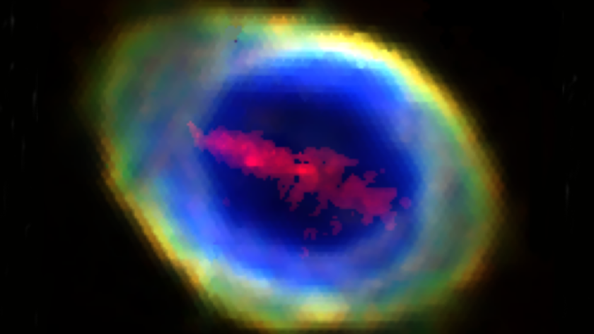 The planetary nebula known as the Ring Nebula with its central iron bar marked in red