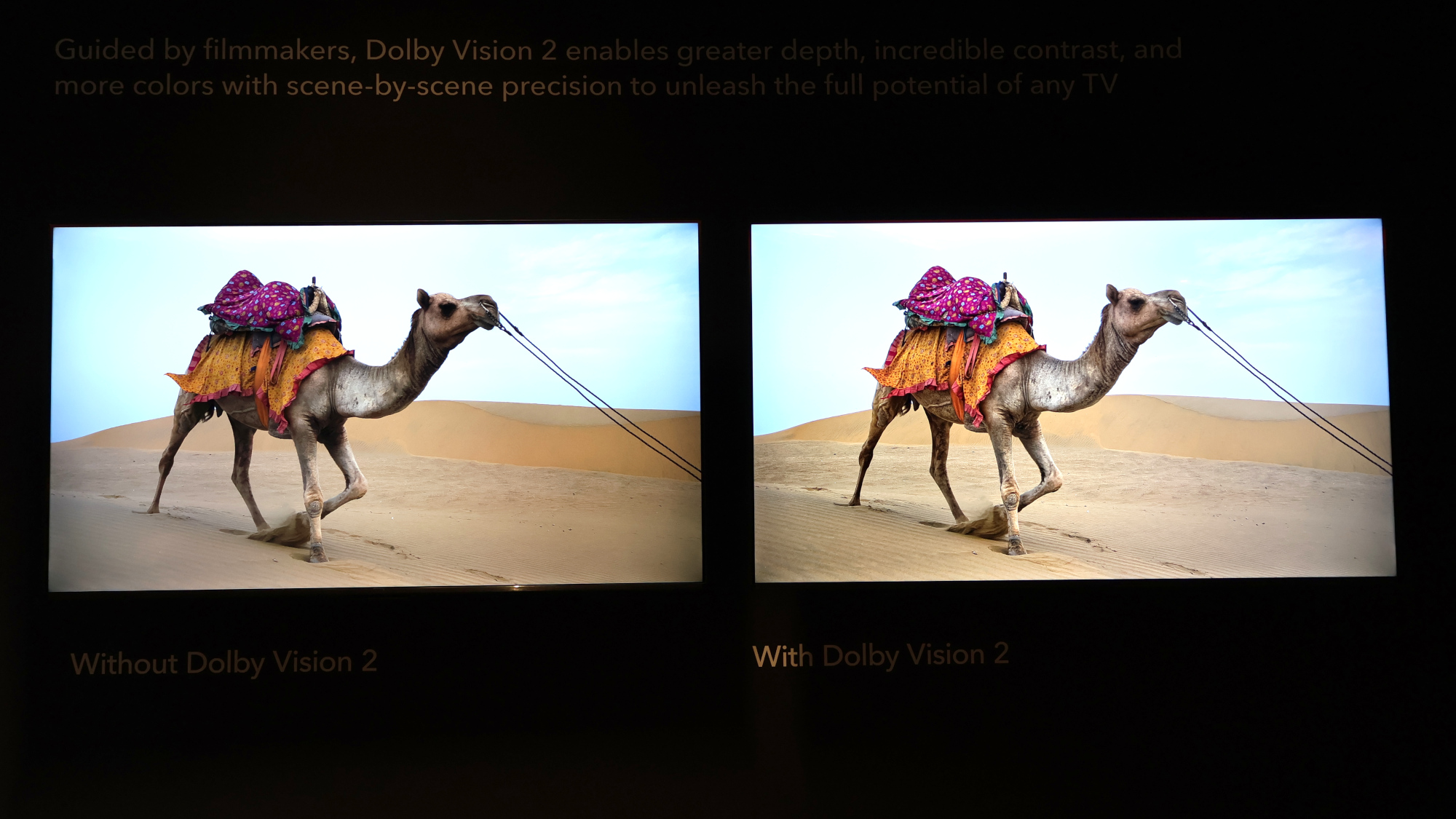 A TV with regular Dolby Vision (on left) compared to a TV with Dolby Vision 2 (on right).