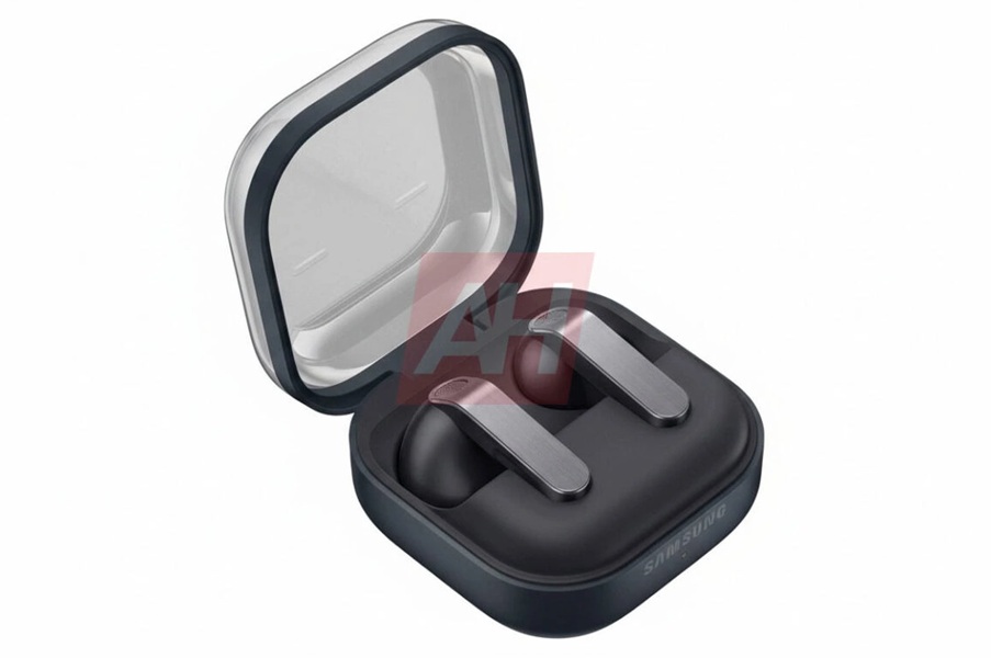 An alleged rendering of the Galaxy Buds 4 in black, lying down in its charging case with a clear lid.
