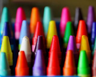 An assortment of colored wax crayons