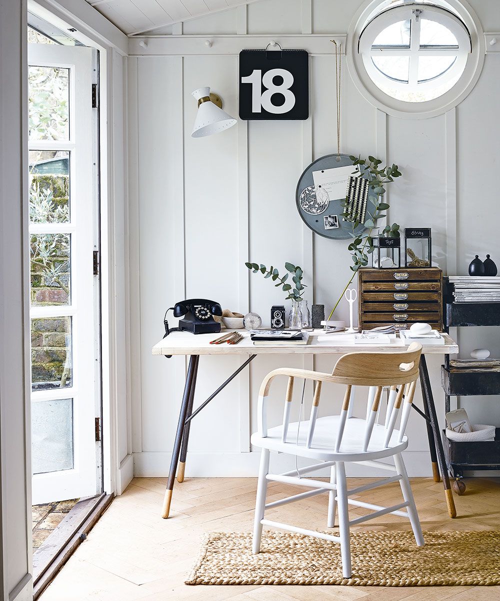 home office with white wall work desk and chair