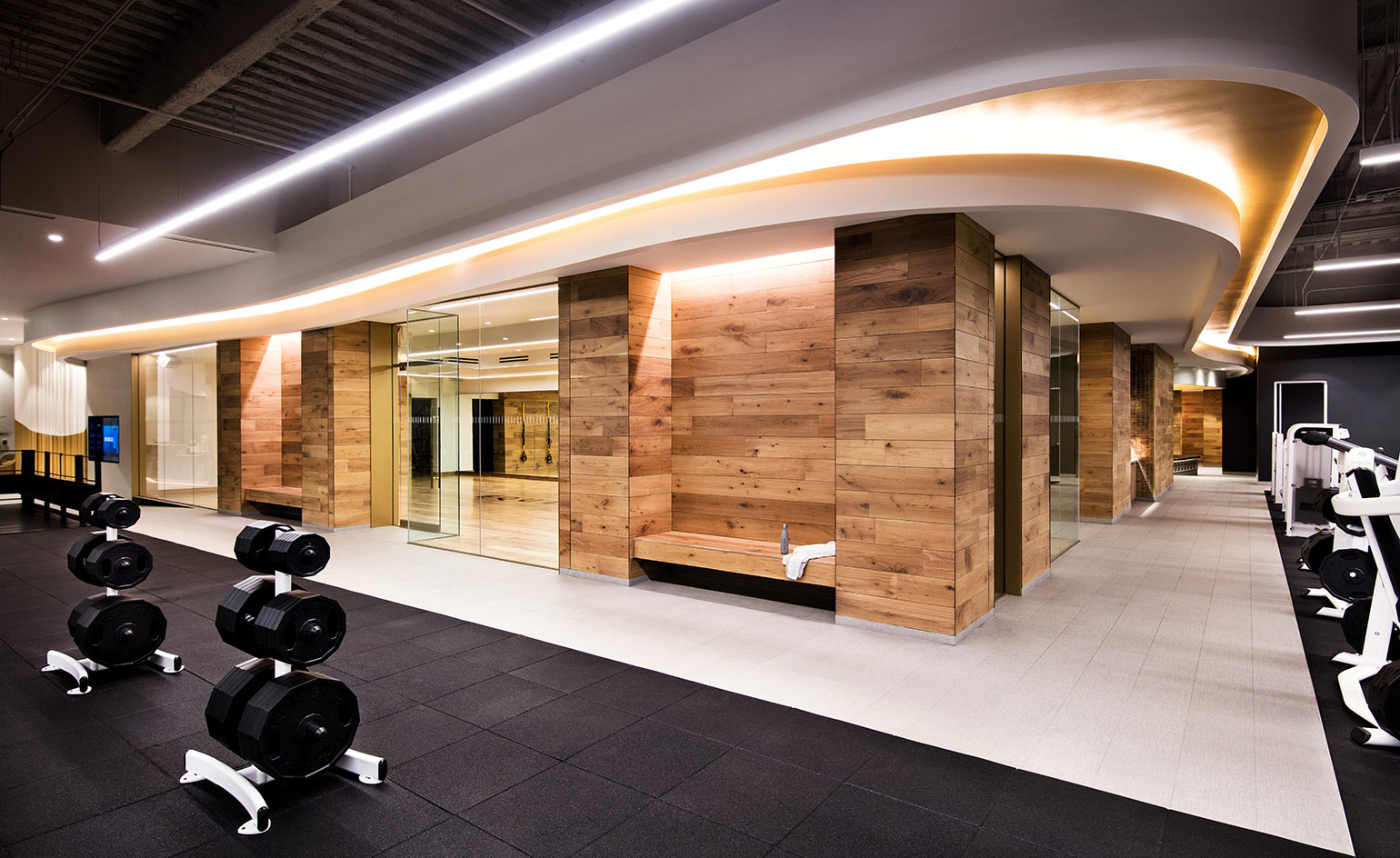 Weights and cross trainer equipment at Equinox health club gym, Miracle Mile, Los Angeles