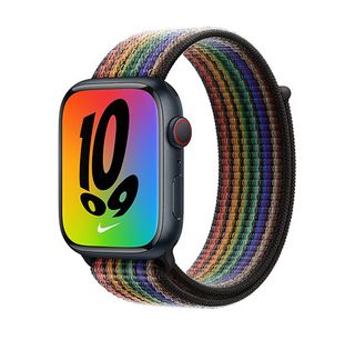 Apple 45mm Pride Edition Nike Sport Loop watch band on a white background