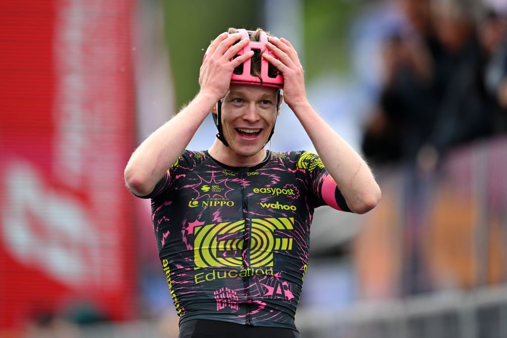 PASSO BROCON ITALY MAY 22 Georg Steinhauser of Germany and Team EF Education EasyPost celebrates at finish line as stage winner during the 107th Giro dItalia 2024 Stage 17 a 159km stage from Selva di Val Gardena to Passo Brocon 1604m UCIWT on May 22 2024 in Passo Brocon Italy Photo by Tim de WaeleGetty Images