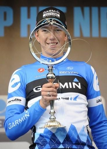 Sep Vanmarcke (Garmin-Barracuda) with the trophy for Omloop Het Nieuwsblad