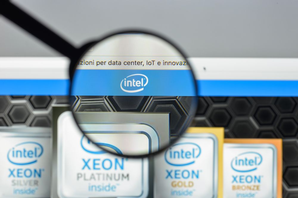 Intel logo on Xeon web page under a microscope