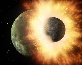 An artist's depiction shows a body about the size of the moon slamming into a larger one at great speed. If four small bodies once inhabited the solar system inside Mercury's present-day orbit, such collisions could have left Mercury the last planet standing.