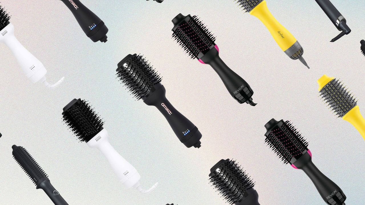 Collage of the best hot brushes on a pastel watercolour background (L-R) from ghd, Bondi Boost, Amika, Revlon and DryBar