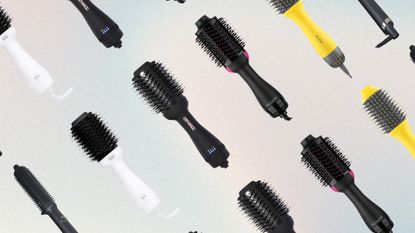 Collage of the best hot brushes on a pastel watercolour background (L-R) from ghd, Bondi Boost, Amika, Revlon and DryBar