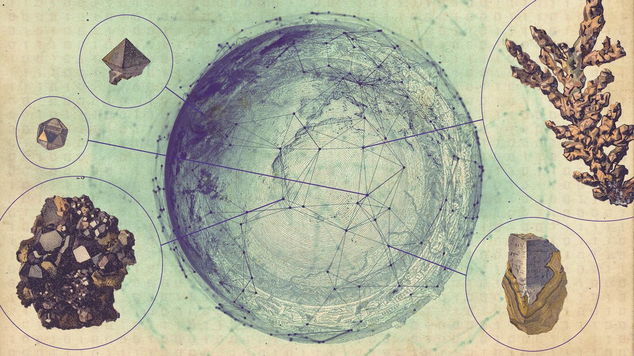 Photo collage of different rare minerals and metals, in a diagram pointing to different geographical areas of the Earth, pictured in the middle. There is a binary code overlay over the top of the image.