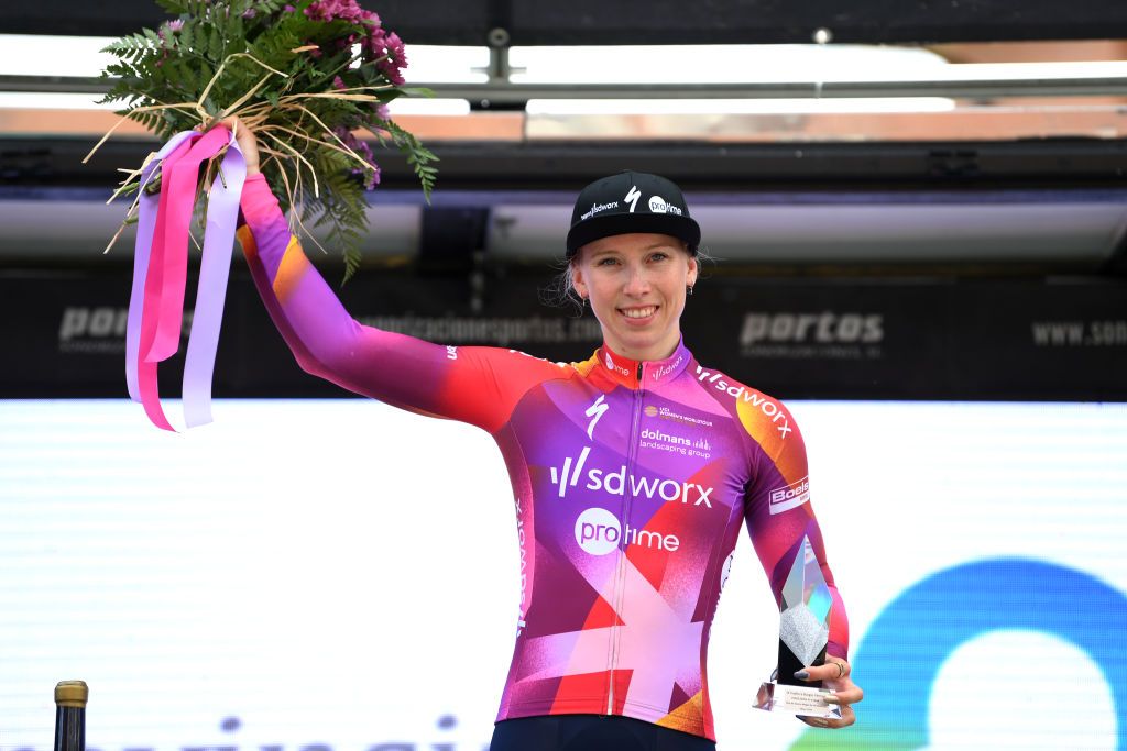MELGARDEFERNAMENTAL SPAIN MAY 18 Lorena Wiebes of The Netherlands and Team SD Worx Protime celebrates at podium as stage winner the the 9th Vuelta a Burgos Feminas 2024 Stage 3 a 122km stage from Roa de Duero to Melgar de Fernamental UCIWWT on May 18 2024 in Melgar de Fernamental Spain Photo by Alex BroadwayGetty Images