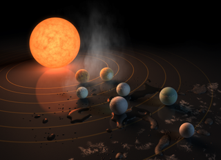 This artist's concept portrays TRAPPIST-1's seven rocky exoplanets.