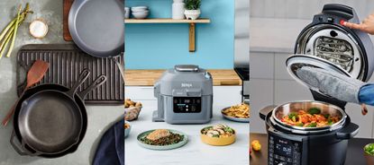 Three examples of Dutch Oven alternatives. Skillet pan on countertop. Ninja speedy on countertop in blue kitchen. Instant Pot on countertop.