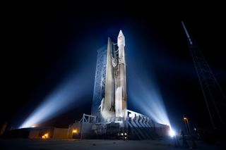 A United Launch Alliance Atlas V rocket is prepared to launch the EchoStar 19 broadband internet communications satellite from Cape Canaveral Air Force Station in Florida. Launch is targeted for Dec. 18, 2016.