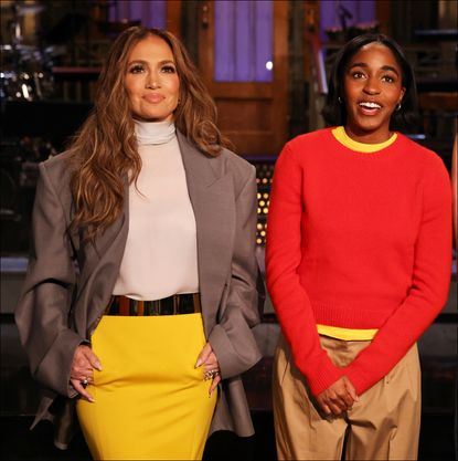 Musical guest Jennifer Lopez, host Ayo Edebiri, and Heidi Gardner during Promos in Studio 8H on Friday, February 2, 2024.