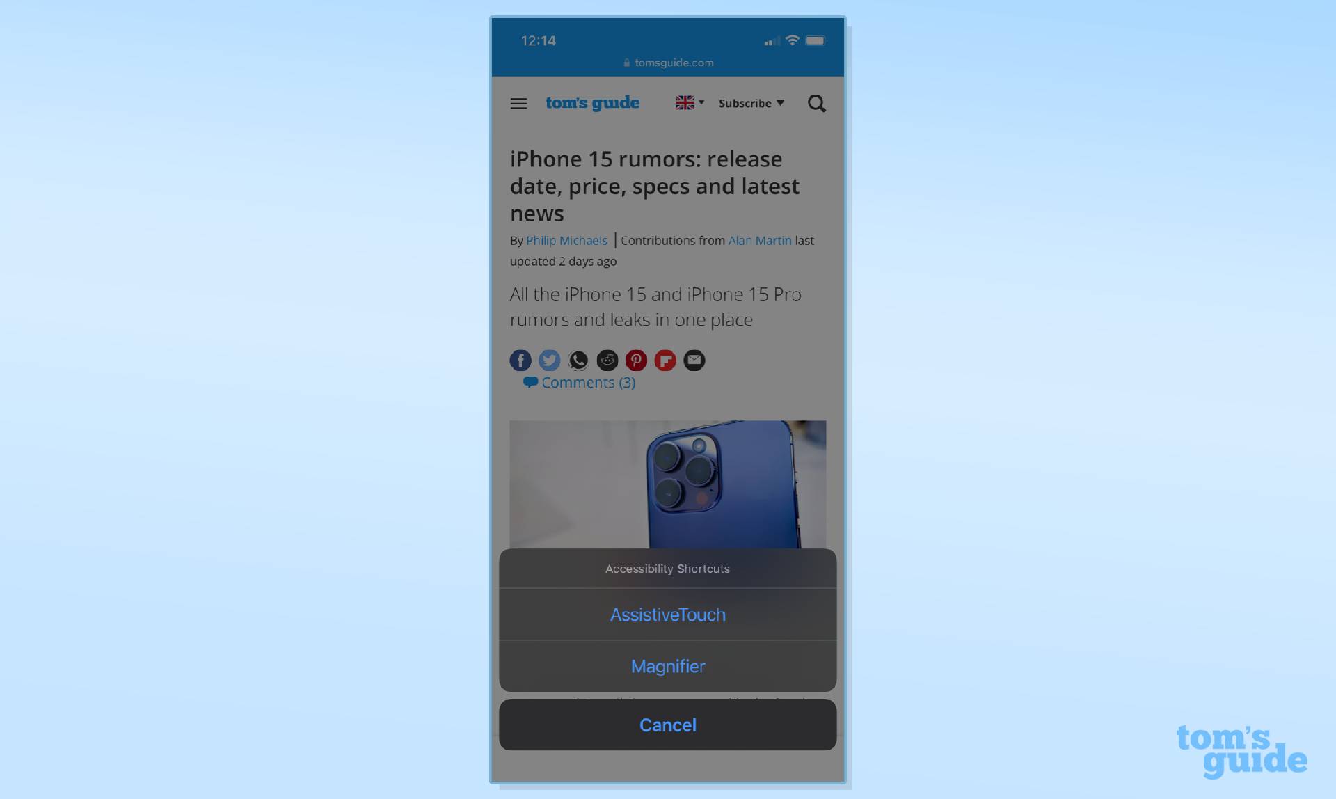 Captura de pantalla de una pantalla de iPhone, que muestra los pasos para usar el acceso directo de accesibilidad