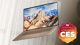 ASUS Zenbook A16 laptop floating in the air. An orange and yellow badge in the lower right corner of the image says, "Windows Central Top Picks CES 2026."
