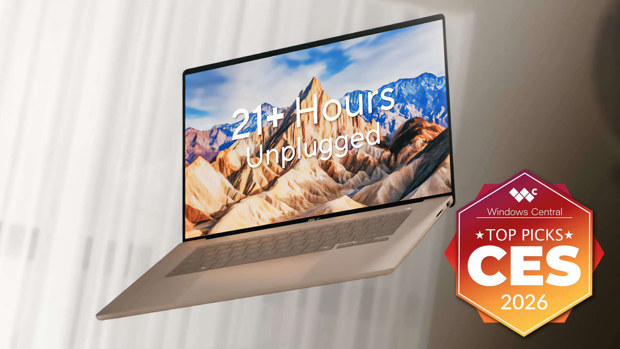 ASUS Zenbook A16 laptop floating in the air. An orange and yellow badge in the lower right corner of the image says, "Windows Central Top Picks CES 2026."