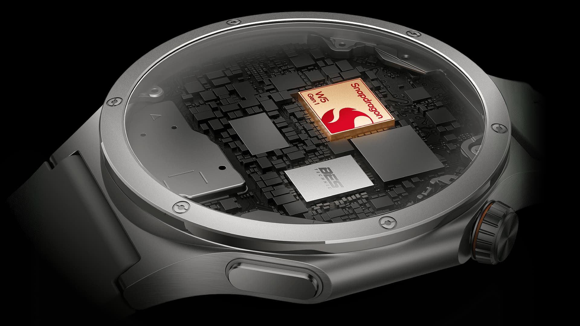 A cutaway of the OnePlus Watch 4 showing its Snapdragon W5 Gen 1 chip.