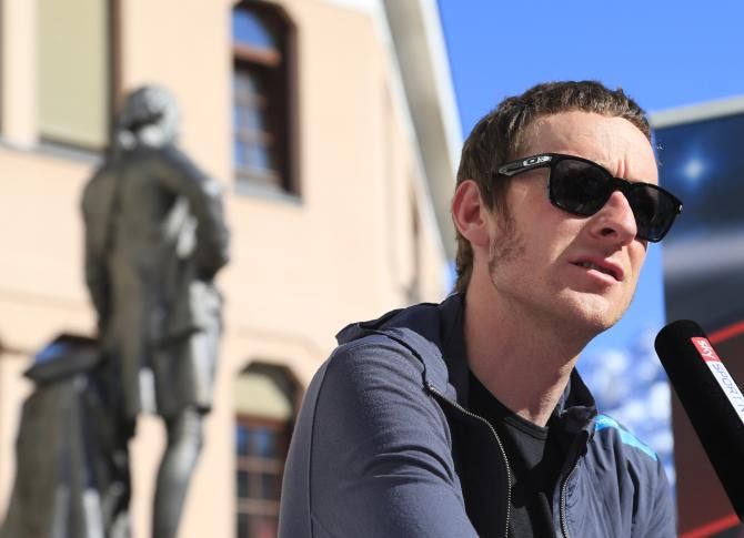 Bradley Wiggins (Sky) speaks with reporters prior to the start of the Giro del Trentino