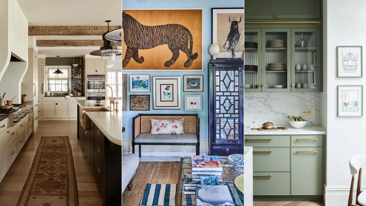 A collage of three 2000s interior design trends (Left, beige kitchen with wood floor, wood beams on ceiling and dark blue cabinets with red rug. Middle, blue living room with sisal rug and gallery wall of art. Right, modern kitchen with sage green cabinets and marble backsplash with glass-fronted upper cabinets)