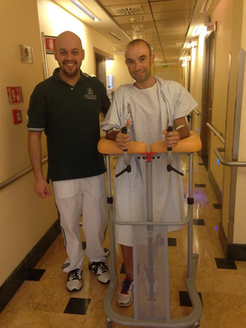 Angel Vicioso takes his first steps after breaking his femur and having surgery to repair it.