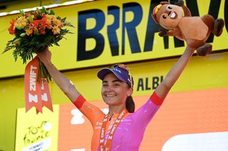 ALBI FRANCE JULY 27 Ricarda Bauernfeind of Germany and Team CanyonSRAM Racing celebrates at podium as stage winner during the 2nd Tour de France Femmes 2023 Stage 5 a 1261km stage from OnetleChteau to Albi 572m UCIWWT on July 27 2023 in Albi France Photo by Tim de WaeleGetty Images