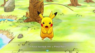 A screenshot of the player waking up as Pikachu in Pokémon Mystery Dungeon Rescue Team DX.
