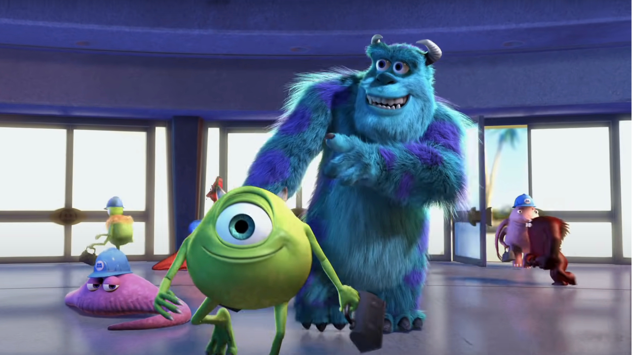 Mike and Sully walking confidently through the office lobby in Monsters Inc.