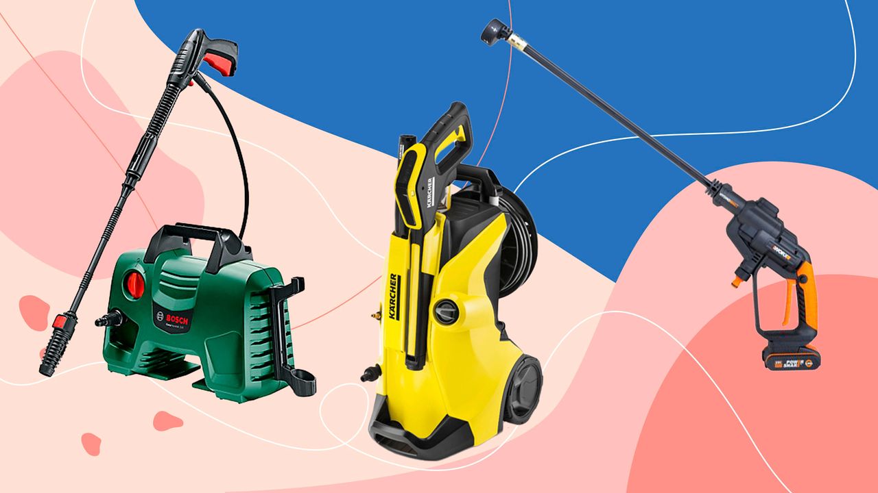 Three of the best pressure washers from Karcher, Bosch and Worx on blue and pink backdrop 