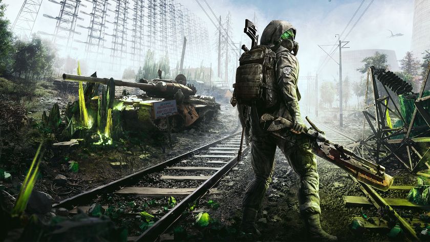 A gas-masked figure stands near ruined train tracks and a tank, surrounded by green crystals