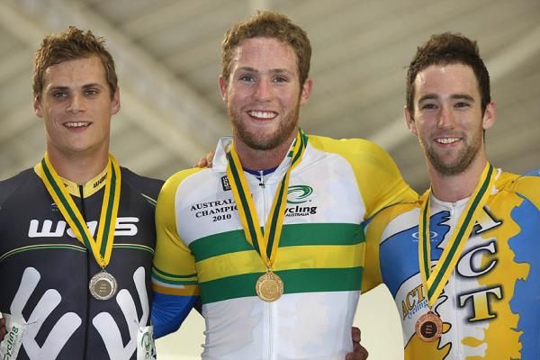 Men's sprint podium: Scott Sunderland (2nd, WA), Daniel Ellis (1st, ACT) and Alex Bird (3rd, ACT)