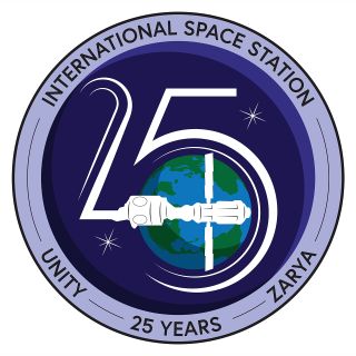 a circular patch showing an illustration of the international space station with earth in the background.