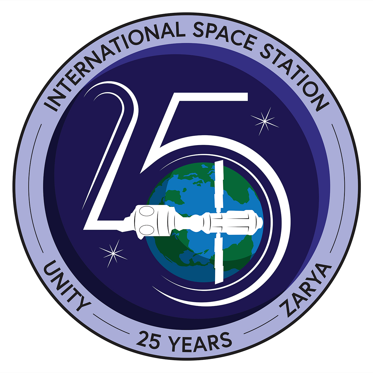 a circular patch showing an illustration of the international space station with earth in the background.