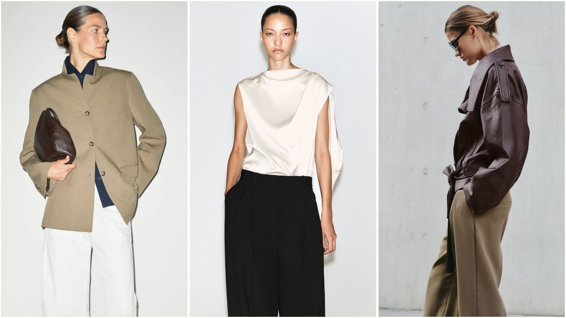 Models wear minimalist buys from COS, Zara and Massimo Dutti